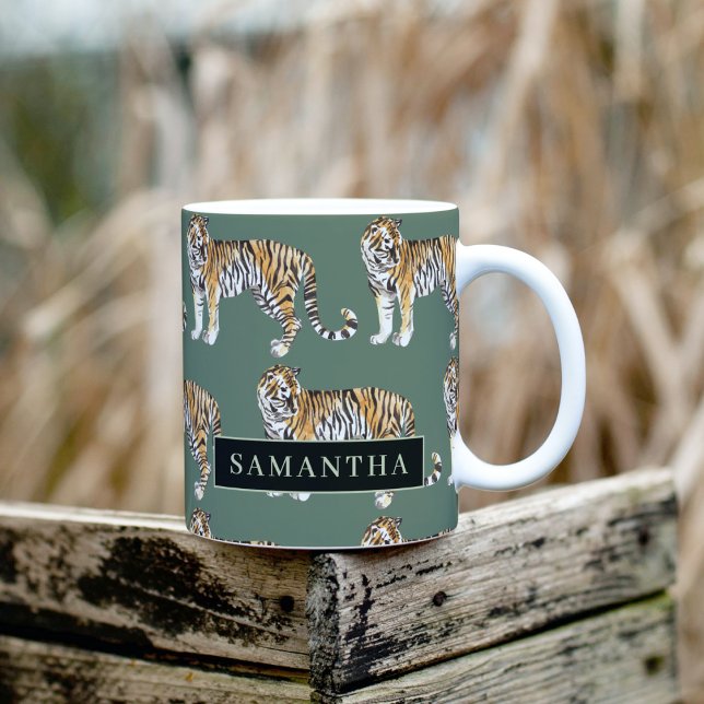 Mug Tigres d'aquarelle verte tropicale Motif avec nom (Créateur téléchargé)