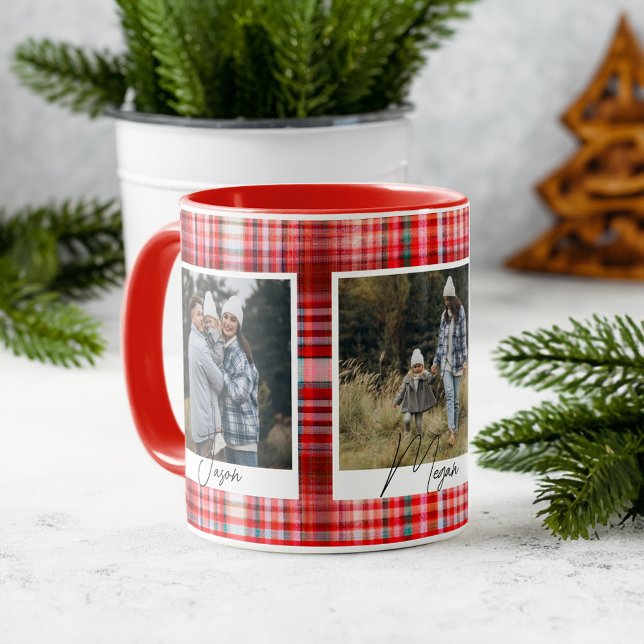 Mug Tissu souple rouge et blanc en plaid Photos de fam (Cozy Red and White Plaid fabric Family Photos Mug)