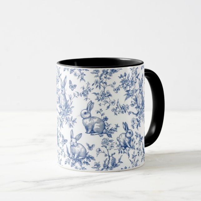 Mug Toile Bleue De Jouy Bunny Pâques (Devant droit)