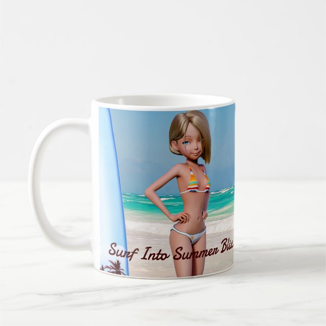 Mug Toon Surfer Girl Posing sur le bord de mer (Gauche)
