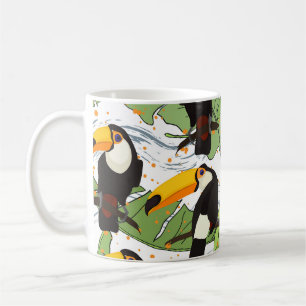 Mug Toucan tropical, palmiers verts, motif vintage.
