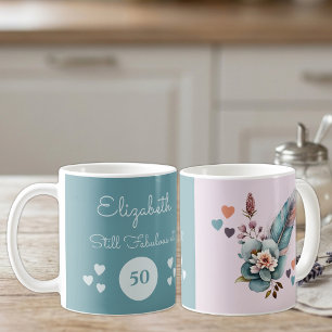 Mug Toujours fabuleuse à 50 ans fleurs vert rose