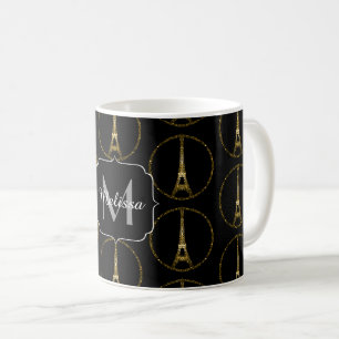 Mug Tour Eiffel motif de paillettes dorées Monogramme