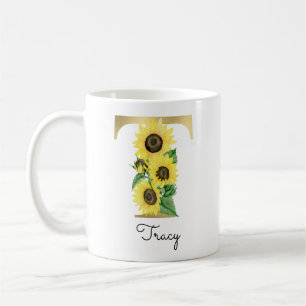 Mug Tournesol d'or monogramme Floral initial T