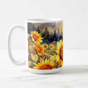 Mug Tournesol Eté Jaune Aquarelle Nom Personnalisé