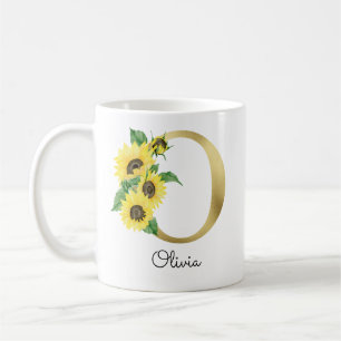 Mug Tournesol Floral Initiale O Dorée avec Monogramme