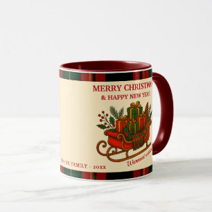 Mug Traîneau de Noël vintage avec cadeaux et carreaux