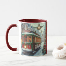 Tramway de Noël vintage dans une ville enneigée
