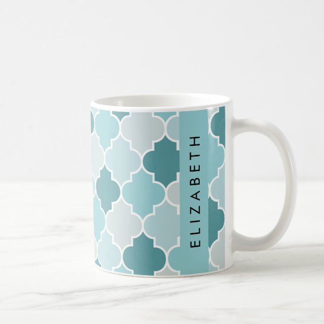 Mug Trellis Bleu Marocain, Quatrefoil, Votre Nom (Droite)
