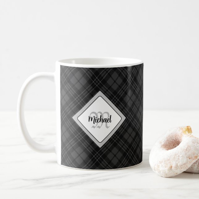 Mug Trendy noir blanc tartan Personnaliser Monogramme (Avec donut)