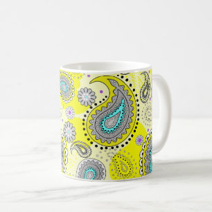 Mug Tribal Paisley Motif Lemon Yellow Turquoise