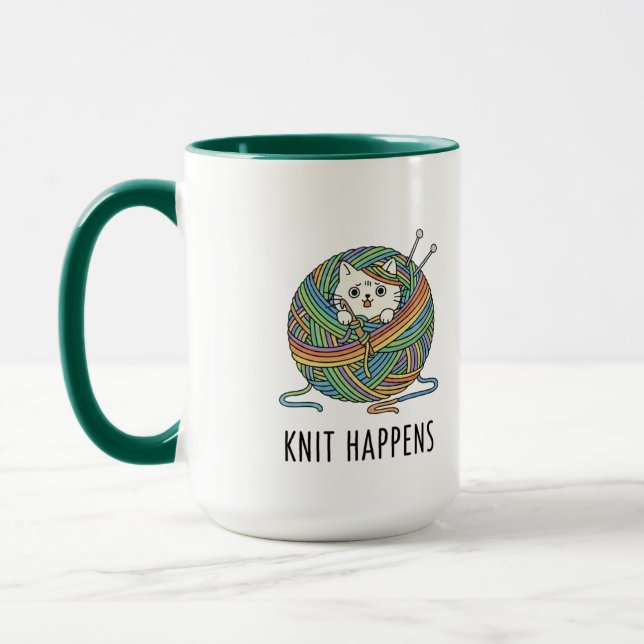 Mug Tricot amusant Fil de chat Art "Knit Happens" Impr (Gauche)