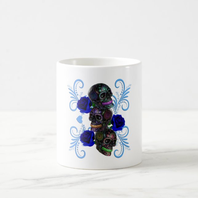 Mug Triple Jour Noir Des Crânes Morts Roses Bleus (Centre)