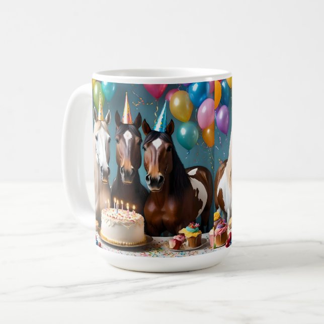 Mug Trois Chevaux Piebald fête d'anniversaire, (Devant gauche)