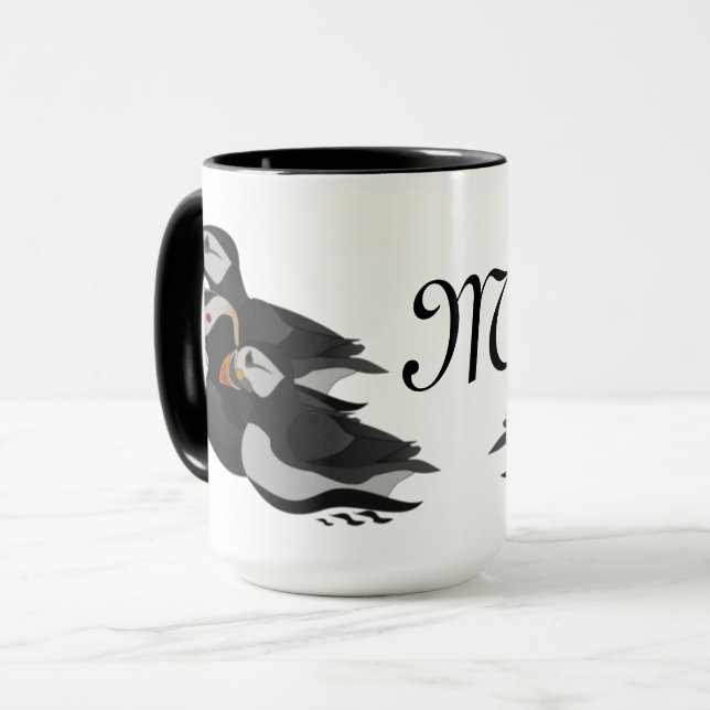 Mug Trois Puffins Adorablement Friendly Baignade Carto (Devant gauche)