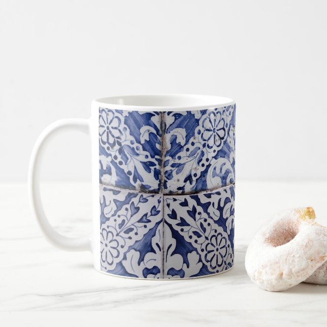 Mug Tuiles portugaises - Azulejo Floral bleu et blanc (Avec donut)