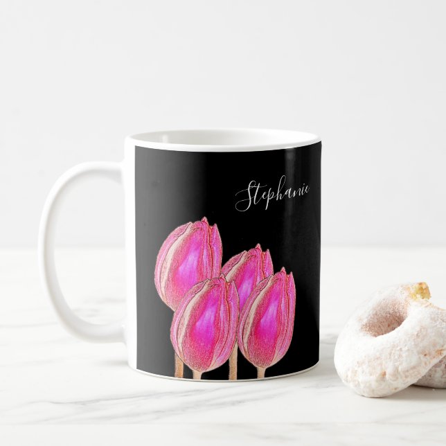 Mug Tulipe rose Nom du monogramme floral Couleur perso (Avec donut)