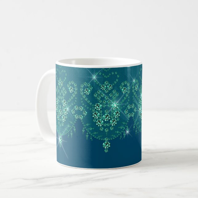 Mug Turquoise bleu dentelle brillant bijou look élégan (Devant gauche)