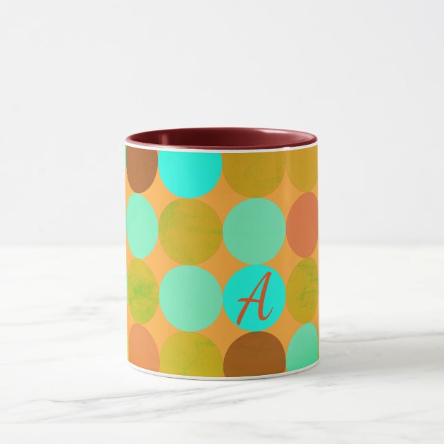Mug Turquoise Bleu Vert & Cercles Orange Monogramme (Centre)