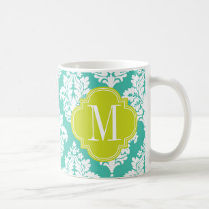 Mug Turquoise élégante de damassé et monogramme fai