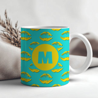 Mug Turquoise et jaune XOXO Lèvres qui s'embrassent Pe