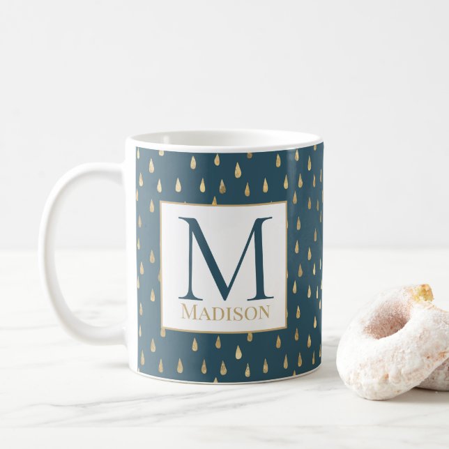 Mug Turquoise Gold Raindrop Moderne Monogramme tendanc (Avec donut)