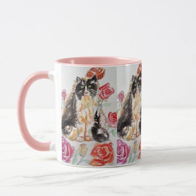 Mug Tuxedo Chat Cute Rose Fleurs Chats Aquarelle Rose (Gauche)