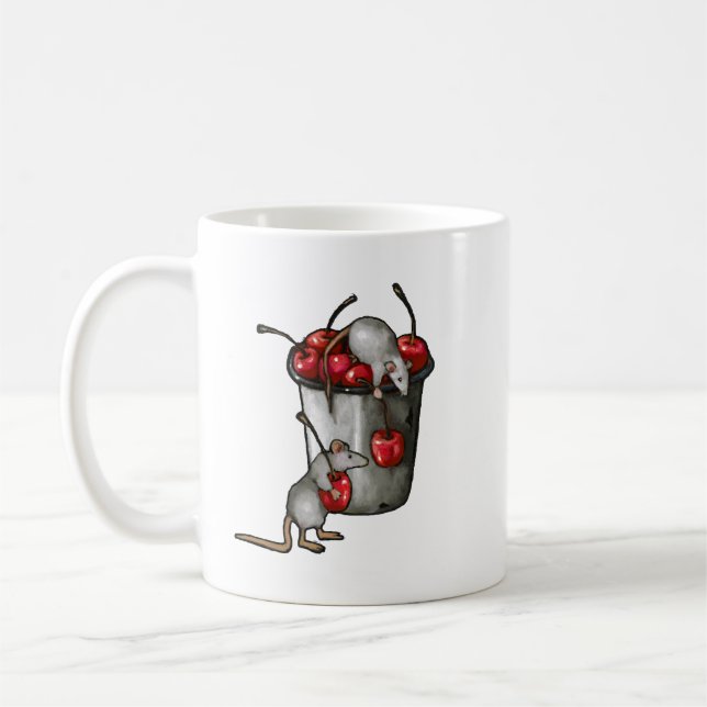 Mug Two MICE Stealing Cherries, Bucket of Cherries Art (Gauche)
