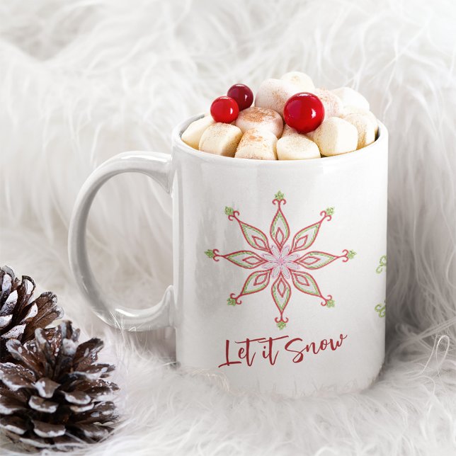 Mug Typographie de Noël Snowflakes à la mode (Whimsical Christmas Snowflake mug with "let it Snow" quote)