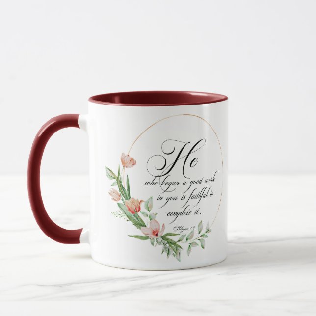 Mug Un bon travail, cadre de tulipes roses (Gauche)