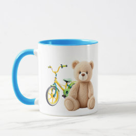 Mug Un ourson en peluche devant un vélo d'enfant.