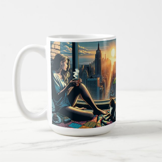 Mug Une femme boit du café à Sunrise dans la ville (Gauche)