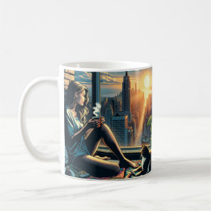 Mug Une femme boit du café à Sunrise dans la ville