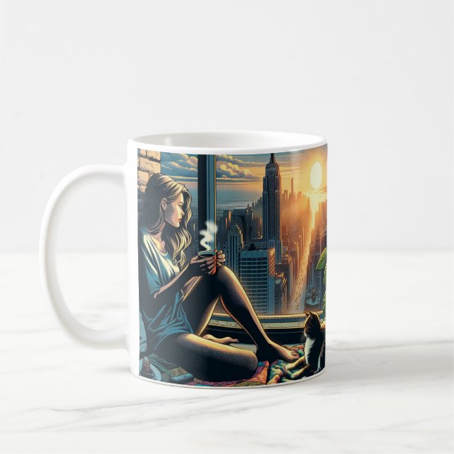 Mug Une femme boit du café à Sunrise dans la ville (Gauche)