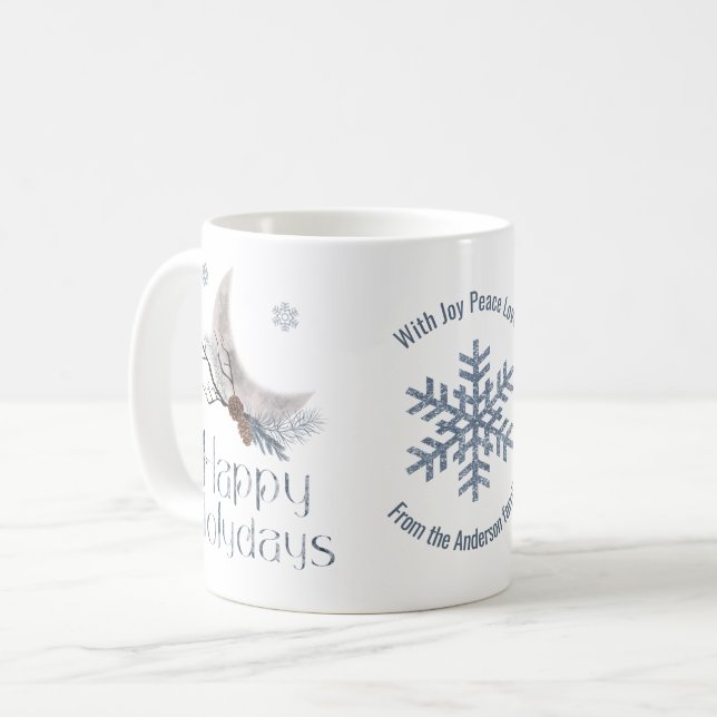 Mug Une Lune Croissante, Des Cônes De Pins. Joyeuses f (Devant gauche)