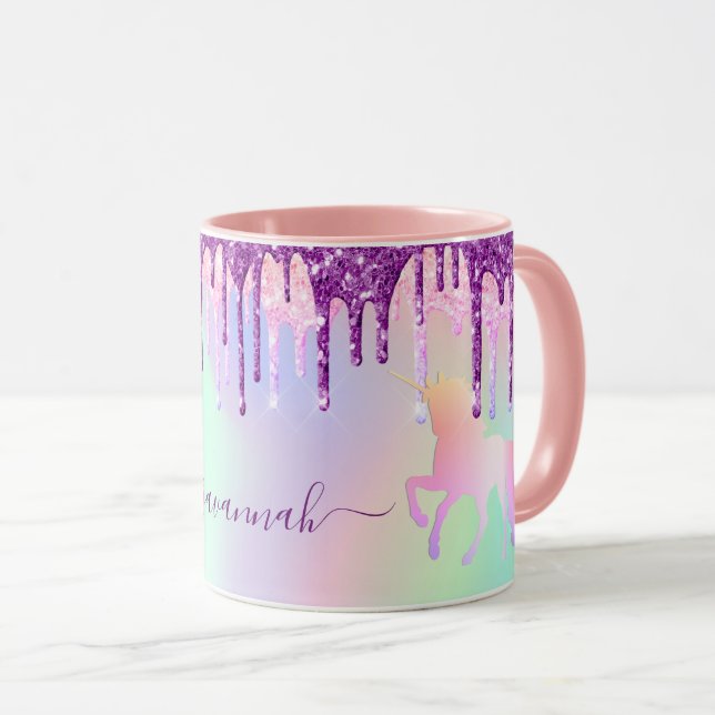Mug Unicorn glitter rainbow pink monogram holographiqu (Devant droit)