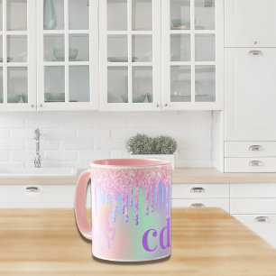 Mug Unicorn glitter rainbow pink monogram holographiqu