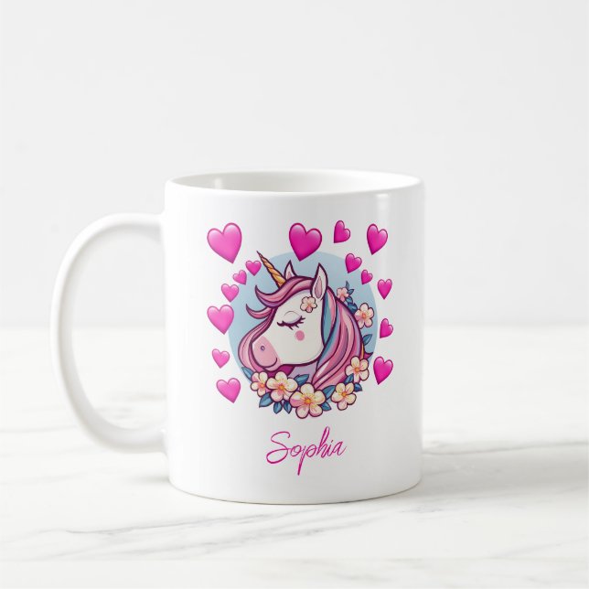 Mug Unicorne mignonne, Coeurs et Fleurs roses, Nom per (Gauche)