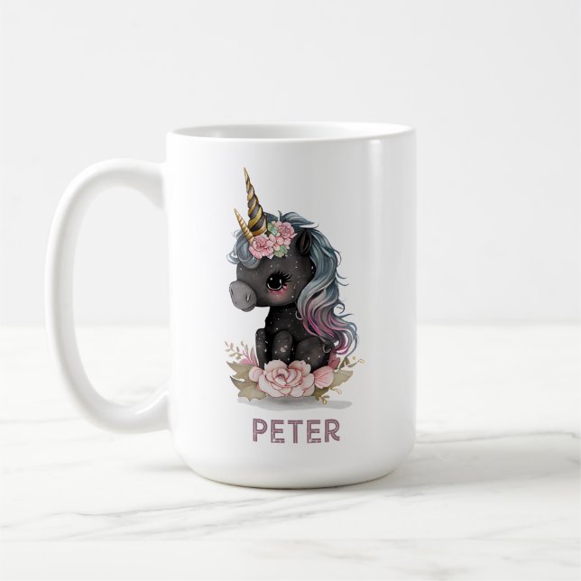 Mug Unicorne noire mignonne avec Fleurs Aquarelle Unic (Gauche)