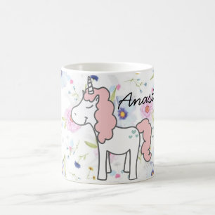 Mug Unicorne rose doux, Fleurs et votre nom