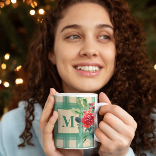 Mug Unique bison plaid motif xmas vert monogramme