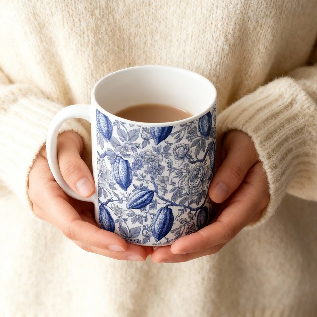 Mug Unique Blue Toile Cocoa Chic Botanical Pattern (Créateur téléchargé)