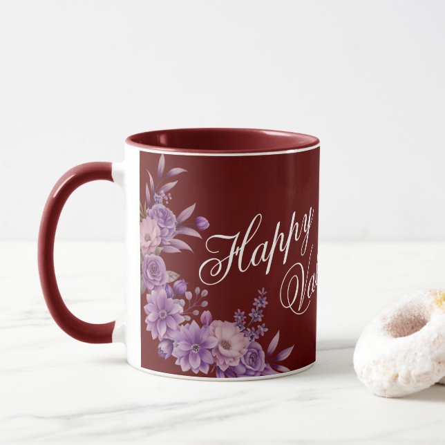 Mug Unique Stylish Floral Happy Valentine's Day Maroon (Avec donut)