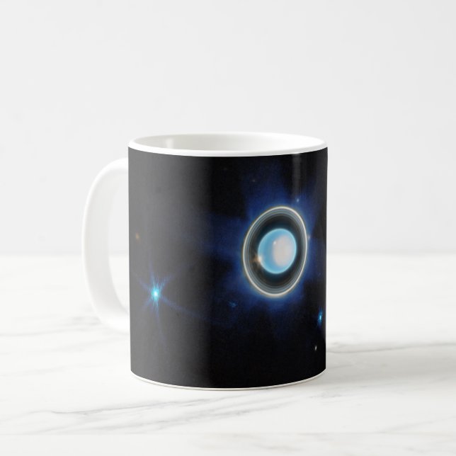 Mug Uranus planétaire avec anneaux et lunes Image JWST (Devant gauche)
