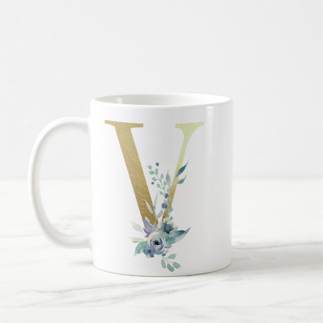 Mug V initial doré avec feuillage floral bleu (Gauche)