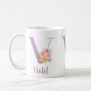 Mug V Monogramme Purple Floral Aquarelle personnalisée