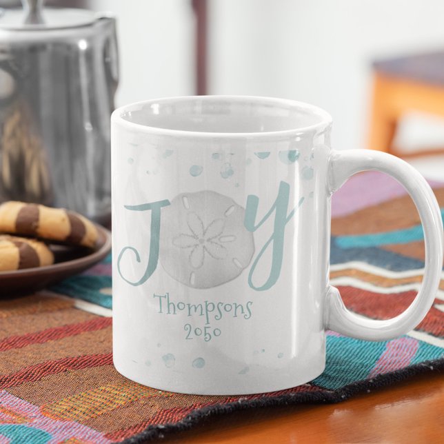 Mug Vacances Joie Typographie Plage Sable Dollar Turqu (Whimsical Joy typography customized mug)