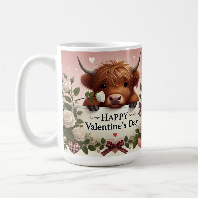 Mug Vache de Highland Valentine avec des roses blanche (Gauche)