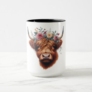 Mug Vache des hautes terres mignonne, florale/printani