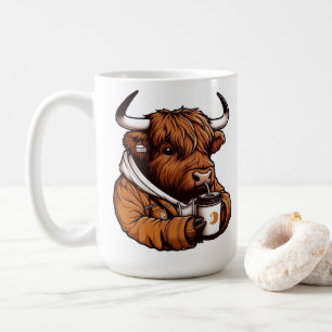 Mug Vache des Highlands en veste appréciant un café c